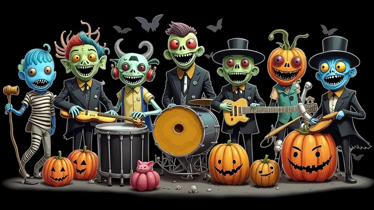  illustration of anime characters. A haunted band orchestra of halloween anime monster. During the concert in the foggy street of the haunted village, their music instruments became alive and haunted