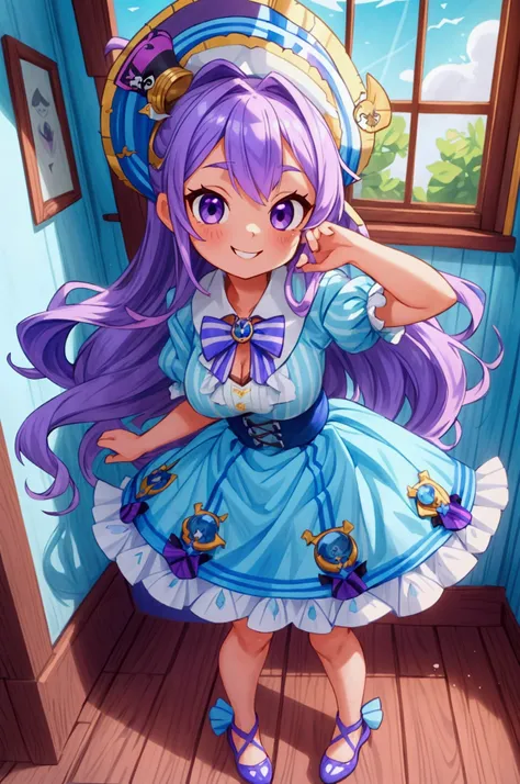 (masterpiece, best quality), 1girl, sky blue and white striped frill dress, violet hair, cute face, purple eyes, standing, indoor, intricate detail, sunlight, cute pirate hat, sexy pose, marine blue shoes, evil smile, coquette, gorgeous legs, mature teenag...