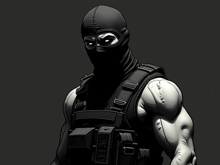 "A stylized, monochromatic portrait of an elite Mexican GAFE soldier, shown from the chest up in a vintage, codec-style illustration. The soldier has a muscular build, wearing a distinct black uniform and a balaclava that partially reveals his hardened, en...