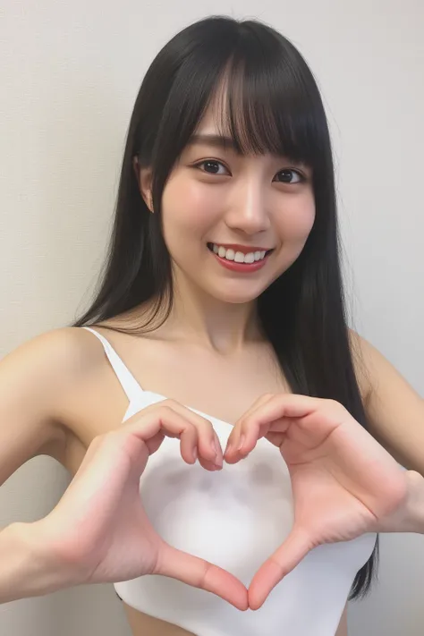 She is in a pose wearing a sexy camisole, making a firm big heart shape with both hands, and holding it in front of her chest, smile

