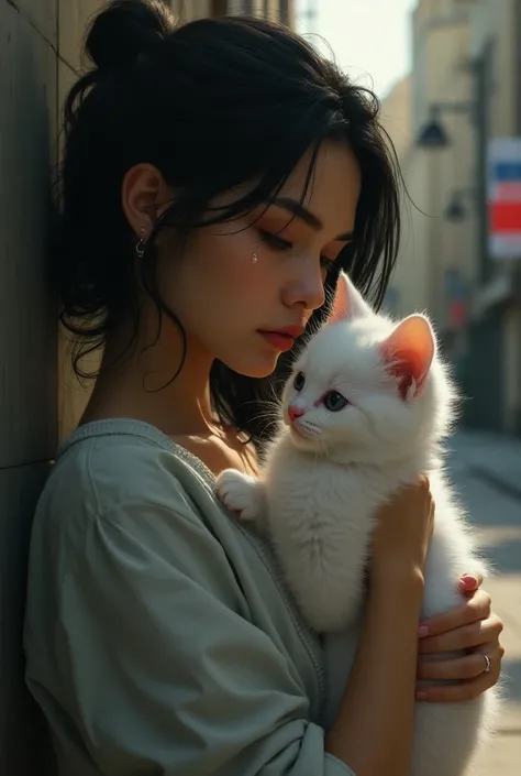 A woman who was sad adopted a white kitten she found on the street