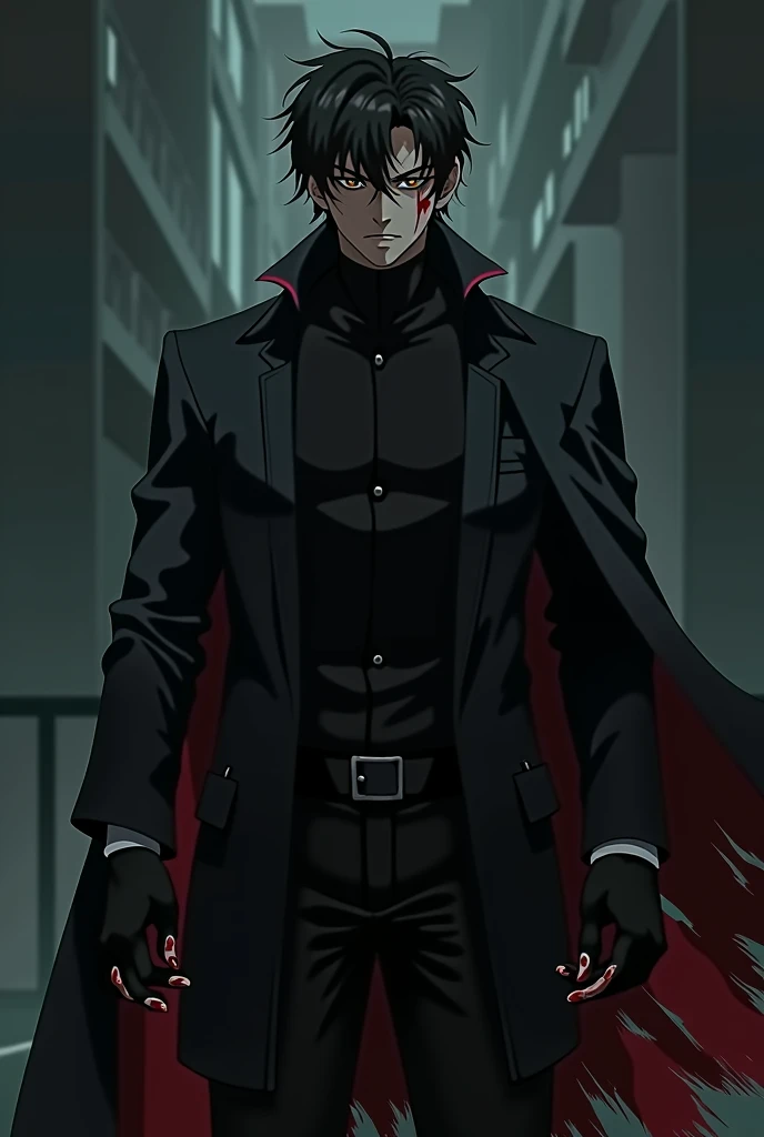 A handsome young man with a tall body and a cloak. His back was black, his eyes were black, his hair was black, and his face was serious and his gloves were bloody and his face had scars, anime