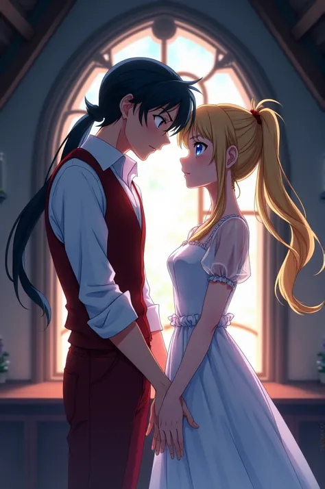  Seiya Kou tall anime man blue eyes long black hair tied in a low ponytail ,  dark red pants formal white shirt dark red vest disguised as a demon in the attic of her house in front of Serena Tsukino anime woman blue eyes long blonde hair tied in two pigta...