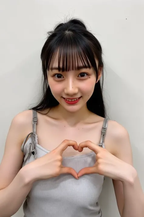 She is in a pose wearing a sexy camisole, making a firm big heart shape with both hands, and holding it in front of her chest, smile

