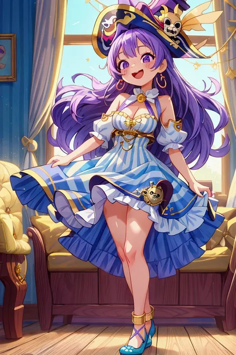 (masterpiece, best quality), 1girl, sky blue and white striped frill dress, violet hair, purple eyes, laughing like crazy, standing, indoor, intricate detail, sunlight, cute pirate hat, gold earrings, gold tooth, sexy pose, marine blue shoes, coquette, gor...