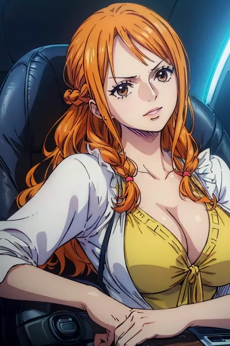  (Masterpiece,Best Quality, 4K, 8k,  Kampala, masterpiece:1.2), Super detailed, (Realistic, photoRealistic, photo-Realistic:1.37) , Generate the anime style of Nami in One Piece , must be made in anime style ,Her hair is bright orange, Beautiful Hair, Beau...