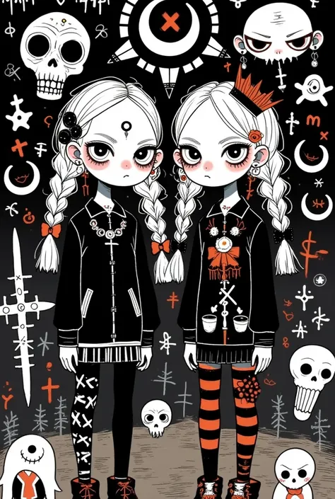 graffiti illustration：big-eyed twins，gothic art style ，symbol，
﻿