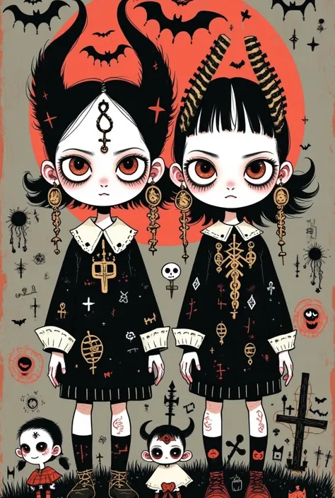 graffiti illustration：big-eyed twins，gothic art style ，symbol，halloween theme