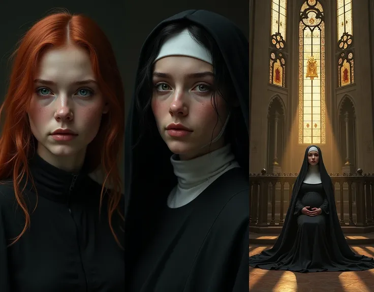 A witch looking sad at the camera ,  a reddish-haired witch looking at the camera,  a black-haired witch looking at the camera . pregnant nun sitting in a corner of a church on a chair in a cathedral sunrays from outside to the nun