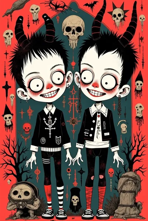 graffiti illustration：big-eyed twins，grin，scary expression ，gothic art style ，symbol， halloween theme
red ink thrown out with fo...