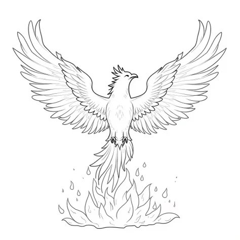 A majestic phoenix rises from white flames, its fiery white wings spread wide, and shimmering ashes fall around in an otherworldly sky. Create a kawaii-style outline with ultra-high-resolution images for the coloring book. The images do not have colors or ...