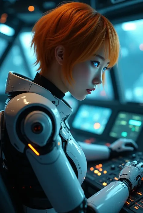 best quality, high_resolution, distinct_image, detailed background, Hyperrealistic photo of a Korean female robot pilot in a spaceship. She is sitting in a pilots seat with a robotic arm extended towards a control panel. The arm is interacting with a scree...