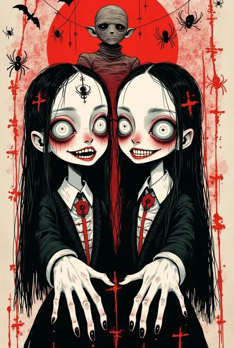 graffiti illustration：big-eyed twins，grin，scary expression ， holding out a hand，mummy，gothic art style ，symbol， halloween theme
...