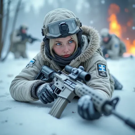 Masterpiece, a falling 20 yo Finish female Spec Ops operative after being hit by a bullet, she is dropping a white painted HK416 with a 4X scope, she is wearing a white winter camouflage uniform with full winter gear, spec ops helmet with coms headset. Shi...