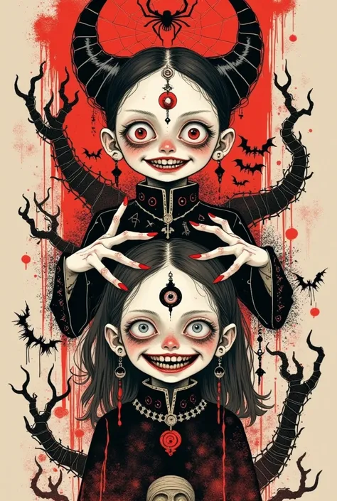 graffiti illustration：big-eyed twins，grin，scary expression ，reach out a hand，mummy，gothic art style ，symbol，halloween theme
red ...