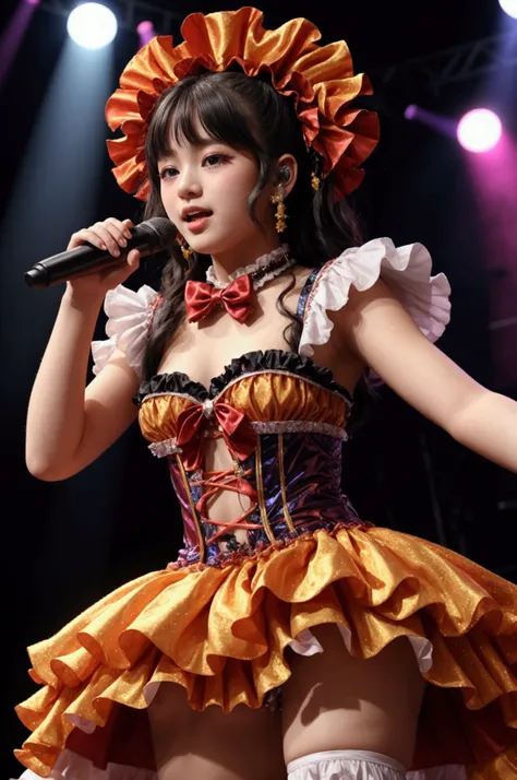 Idol singers wearing ruffled costumes,18 years old, live stage ,Colorful lights