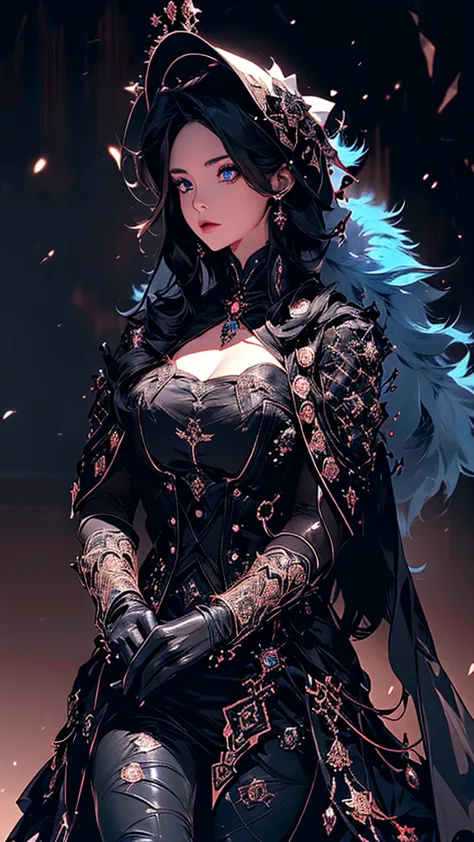 (((masterpiece, best quality, 8k)))a dark and cursed female game character,((perfect face)), wearing ornate black and gold armor...