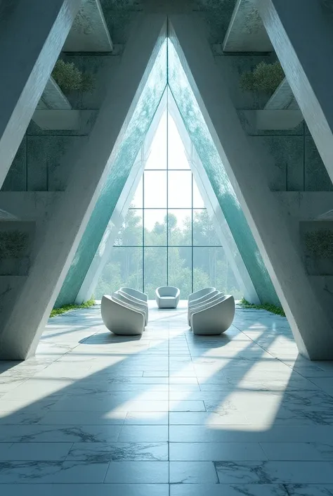 Architectural professional 3D rendering of the design of a walking space that is  10 meters long and 4 meters wide. In the middle of this walking path there is a glassy pyramid  tunnel, in which there are 4 circular  comfortable stone chairs for sitting an...