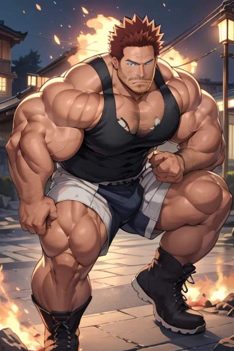 endeavor from my hero academia, covered in flames, full body, japanese, (7 daddy:1.1), (big shoulders), musculature, strong phys...