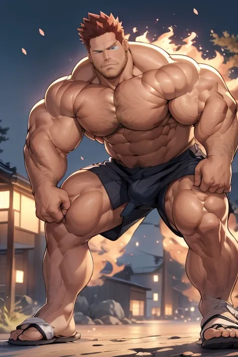 endeavor from my hero academia, covered in flames, full body, japanese, (7 daddy:1.1), (wearing a black jockstrap), (big shoulde...