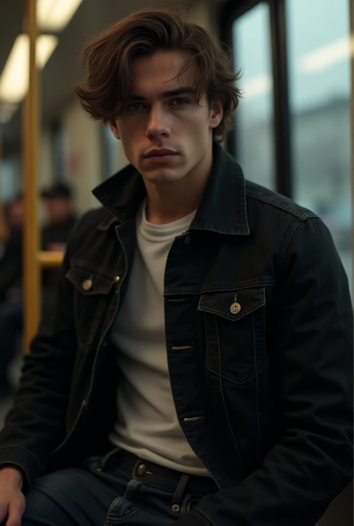  A young boy in his 20s with a nice cold and seductive look. semi long hair, wavy olive eyes. He is dressed in a black denim jacket , and some jeans.  toned body . On public transport 