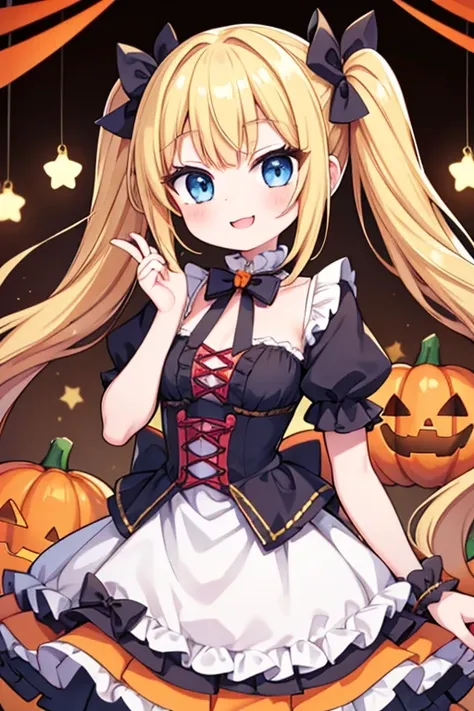 halloween,a happy smile,large serving of steak,large amount of steak,highest quality,blonde with blue eyes、lolita、small breasts、...