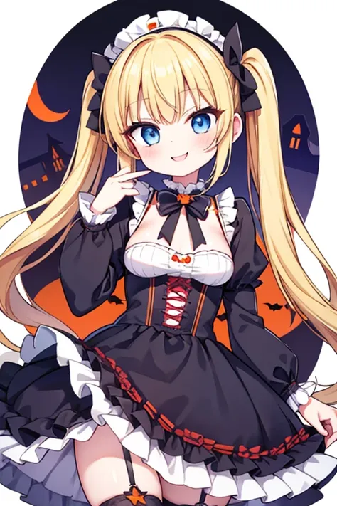 halloween,a happy smile,large serving of steak,large amount of steak,highest quality,blonde with blue eyes、lolita、small breasts、...