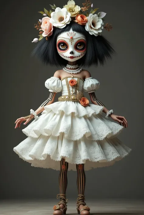 一个穿着白色的华丽的裙子的洋baby,day of the dead costumes and makeup , art dolls, ，crooked head ， ballet moves ， 3d rendering of russell dongj...