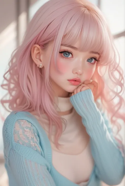 ( Details) , Hyper details, Realistic portraits, perfect face.One teenage girl, Front view,blue eyes with crisp double eyelids and long eyelashes, Realistic Face, Details skin, extremely detailedlips, Big Mouth, full, ふっくらとした, shiny pale pink lips, Natural...