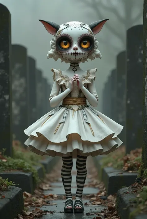 in the graveyard，tombstone forest ， ominous atmosphere，一个穿着白色的华丽的裙子的洋baby,day of the dead costumes and makeup , art dolls, ，croo...