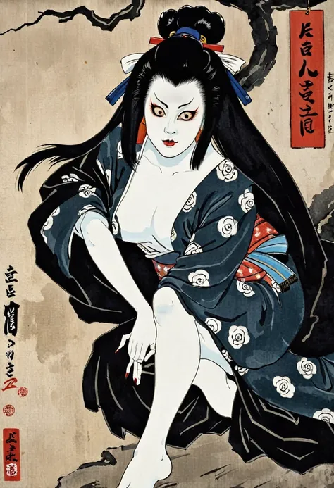 Ghost painting, ukiyo-e, Close-up of a female ghost, Very scary face, resentful face, Bony geisha, portrait of sadako, the piercing stare, Legless ghost. very scary japanese style painting, an ultrafine detailed painting by Ogata Kōrin, old japanese art, h...