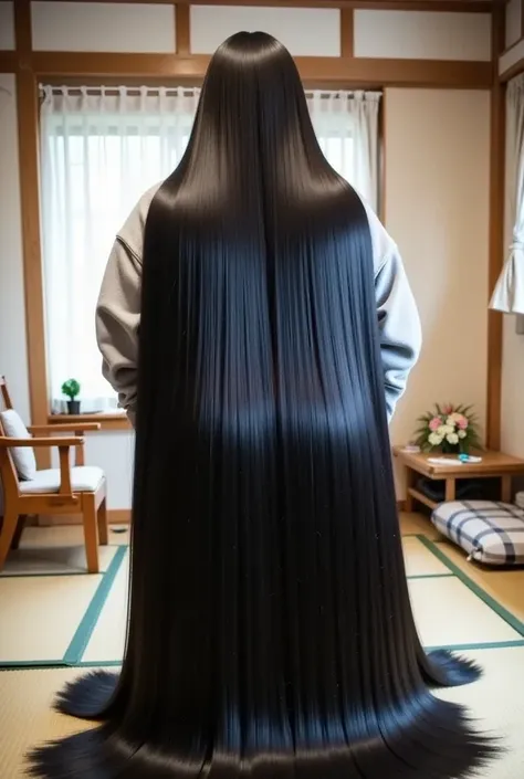 8k,Highest quality, masterpiece, Ultra-high resolution,(masterpiece:1.6, Highest quality), Intricate details, full body, from behind:1.5,top of head, japanese milf, 50 year old,((Absurdly Long hair:1.5)), ((jet Black hair)), ((A huge amount of black hair t...