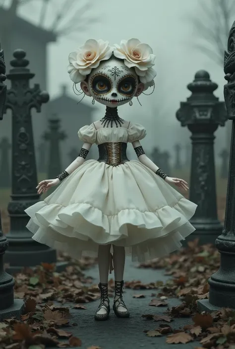 in the graveyard，tombstone forest ， ominous atmosphere，a doll in a gorgeous white dress,day of the dead costumes and makeup , ar...