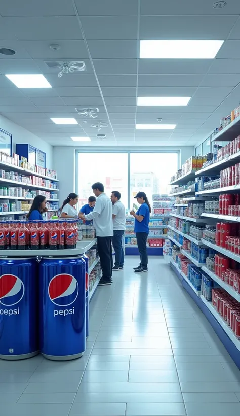 Draw me a picture of the inside of a pharmacy with Pepsi on display