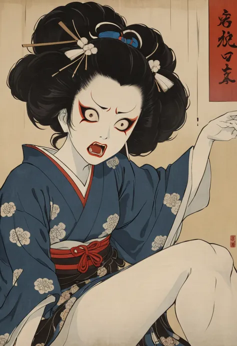 ghost painting, ukiyo-e, close-up of a female ghost, very scary face, resentful face, bony geisha, portrait of sadako, the pierc...