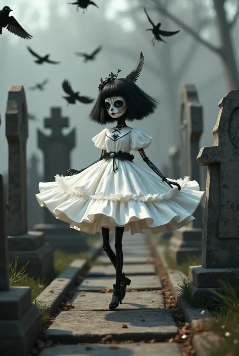 in the graveyard，tombstone forest ， ominous atmosphere，a doll in a gorgeous white dress,day of the dead costumes and makeup , ar...