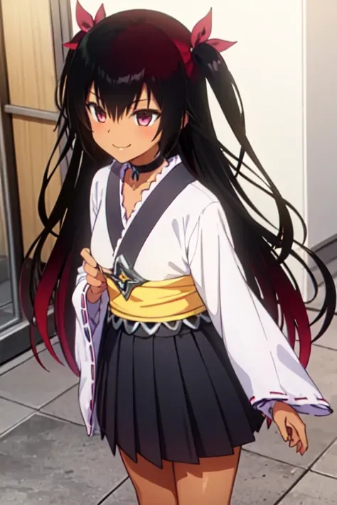  nemesis,best quality, long hair, black hair, two side up, hair ribbon, tan,. dark skin, black choker, frills, japanese clothes,  obi, purple hakama short skirt, standing,seductive smile