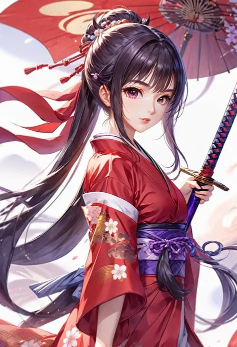 A woman with a sword in a red kimono dress,  ayaka genjin impact , Anime Style 4k, ( anime girl ), Onmyoji,  fateful anime style/stay,  anime girl  with long hair, Red and purple, seductive  anime girl , Anime Wallpaper,   Anime Moe Art Style  , Anime Godd...