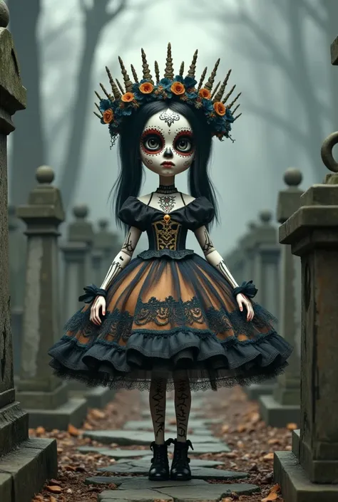 in the graveyard，tombstone forest ， ominous atmosphere，a doll in a gorgeous dress,day of the dead costumes and makeup , art doll...