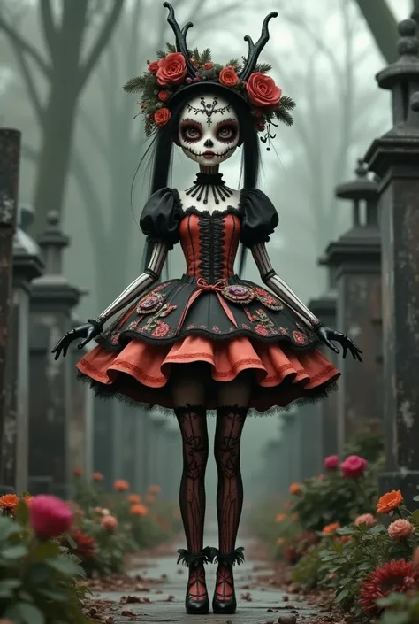 in the graveyard，tombstone forest ， ominous atmosphere，a doll in a gorgeous dress,day of the dead costumes and makeup , art doll...