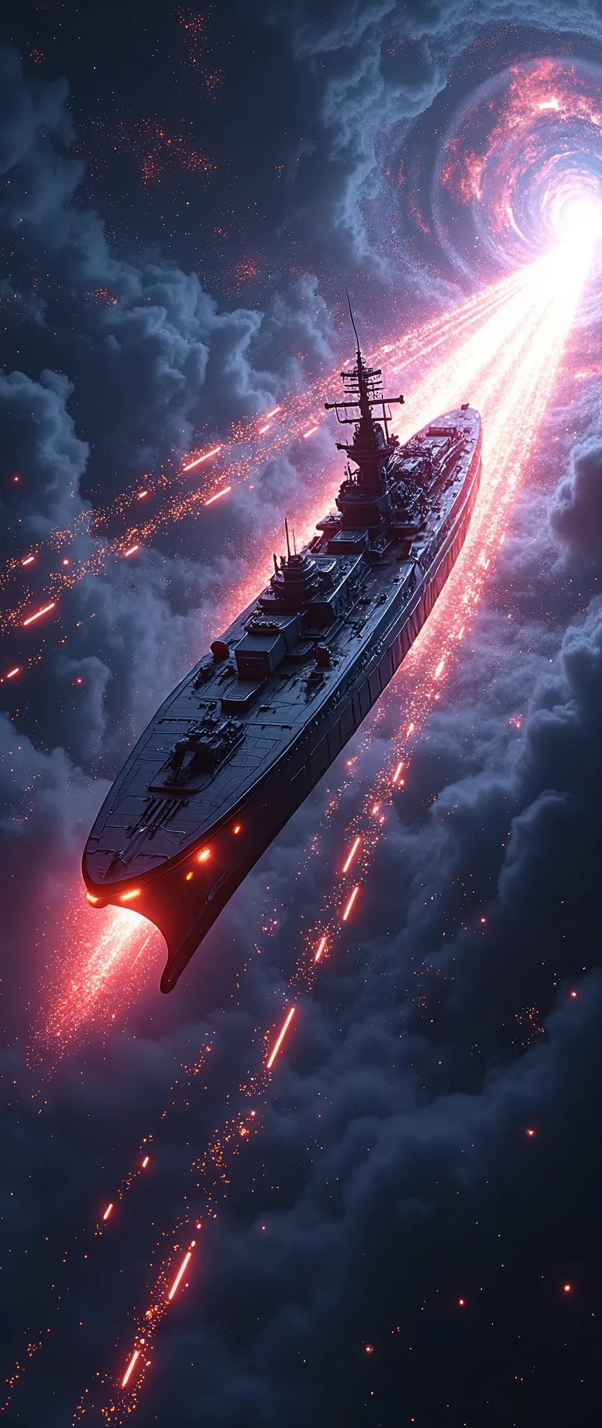 (masterpiece:1.2,Outstanding quality,Mirror finish, Cinematic Experience ),8k,wallpaper,Realistic,(DSLR Canon Style),( battleship type spacecraft warps with beautiful lines of light :2.0),(SF:2.0),( streamlined spaceship reminiscent of the Yamato battleship :2.0),(dynamic),( Beautiful light particles are being emitted from the wave engine at the stern:2.0),(Express super speed of light with beautiful lines of light:2.0),( The background is a wormhole and subspace  :2.0),(motion blur),(Vivid colors:2.0)