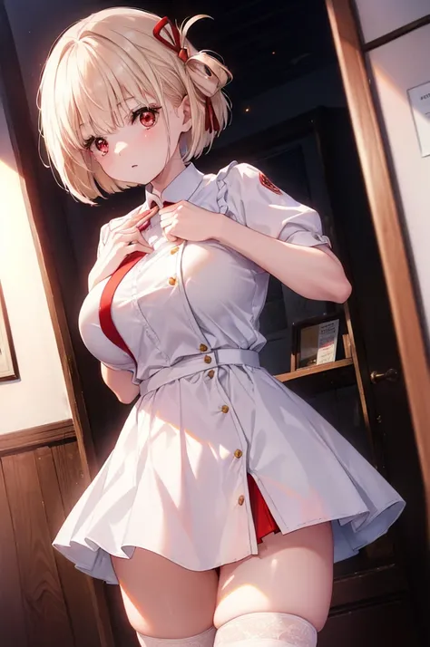  hasnt even been toned down, Nishikigi Chisato,  short hair, bangs,  blond hair , (Red eyes:1.5),   Hair Ribbon ,  One side up,,She wears a maid skirt, White stockings on legs, and lace gloves. 
break indoors, Coffee Shop,
break looking at viewer, ( cowboy...