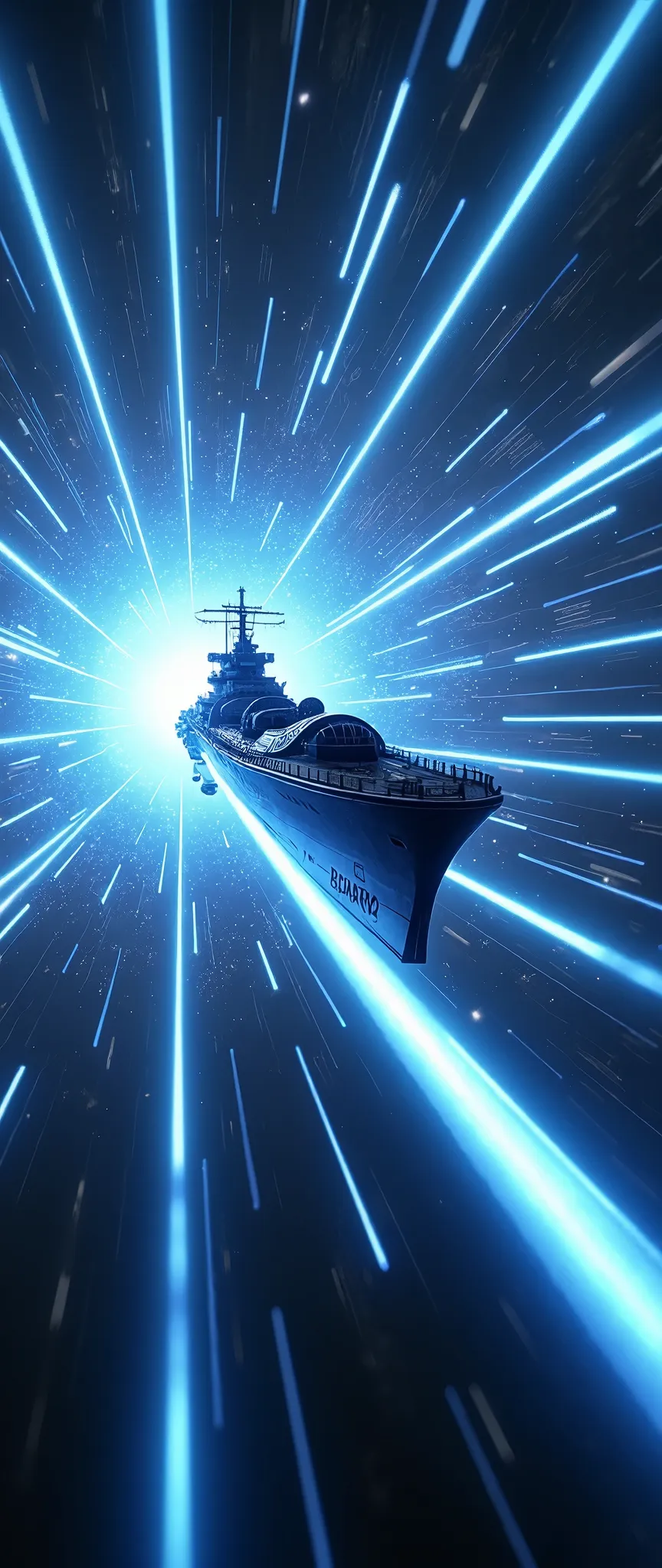 (masterpiece:1.2,Outstanding quality,Mirror finish, Cinematic Experience ),8k,wallpaper,Realistic,(DSLR Canon Style),( battleship type spacecraft warps with beautiful lines of light :2.0),(SF:2.0),( streamlined spaceship reminiscent of the Yamato battleship :2.0),(dynamic),( Beautiful light particles are being emitted from the wave engine at the stern:2.0),(Express super speed of light with beautiful blue and white light lines :2.0),( The background is a wormhole and subspace  :2.0),(motion blur),(Vivid colors:2.0)