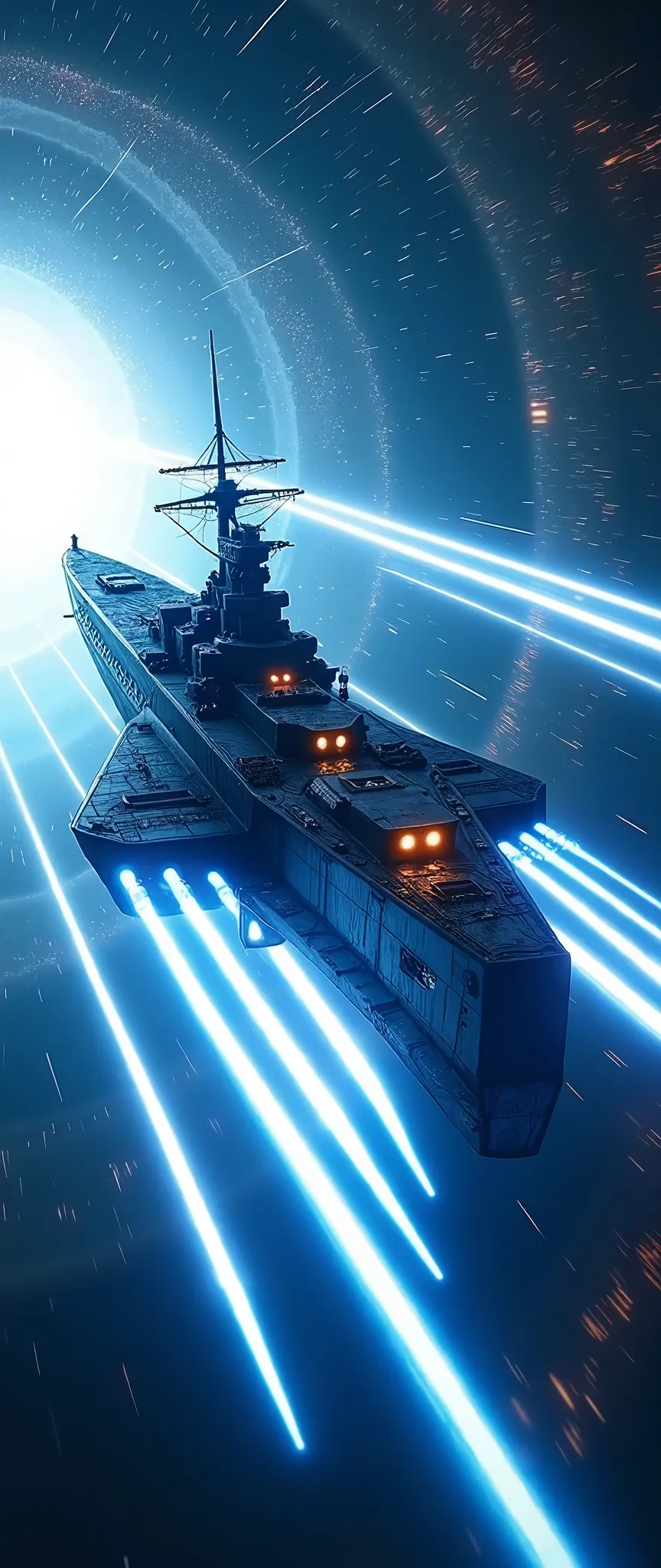 (masterpiece:1.2,Outstanding quality,Mirror finish, Cinematic Experience ),8k,wallpaper,Realistic,(DSLR Canon Style),( battleship type spacecraft warps with beautiful lines of light :2.0),(SF:2.0),( streamlined spaceship reminiscent of the Yamato battleship :2.0),(dynamic),( Beautiful light particles are being emitted from the wave engine at the stern:2.0),(Express super speed of light with beautiful blue and white light lines :2.0),( The background is a wormhole and subspace  :2.0),(motion blur),(Vivid colors:2.0)