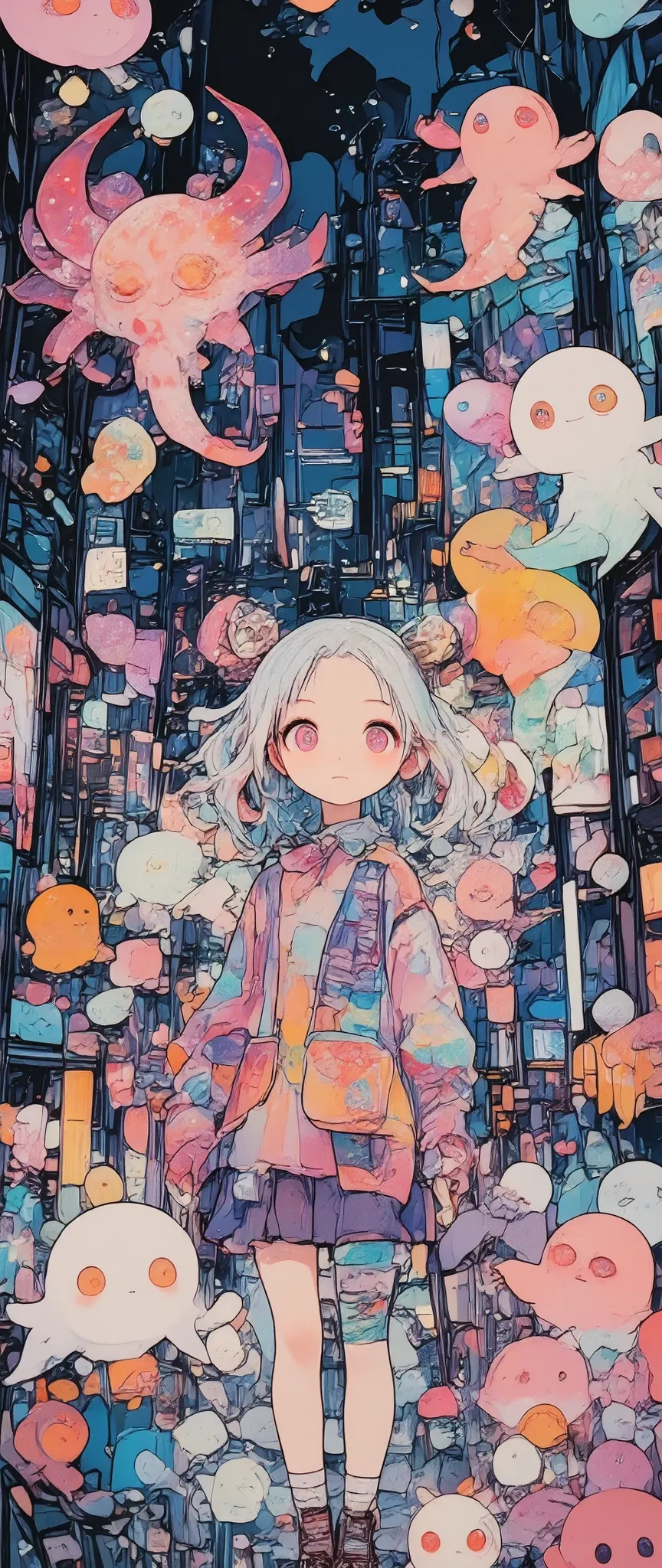 at very far cute transparent colorful ghosts and 1girl in the very crowdy noisy city in the night, chibi,vivid color,high contrast,thick outline