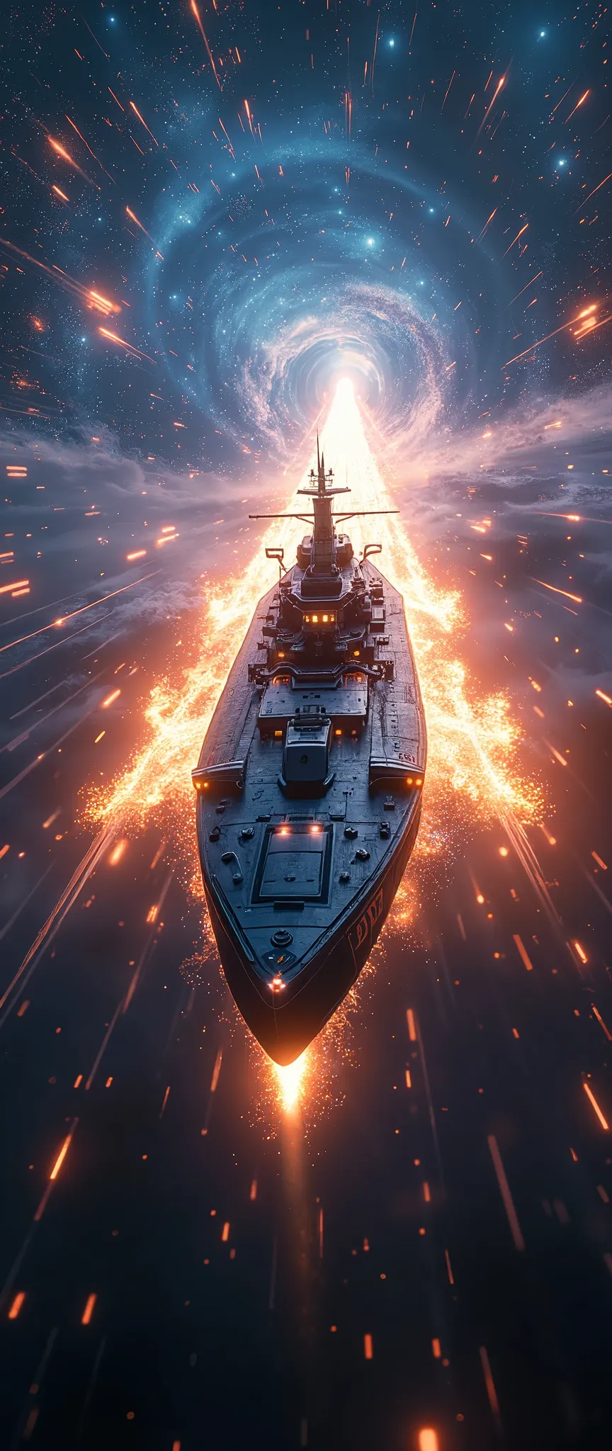 (masterpiece:1.2,Outstanding quality,Mirror finish, Cinematic Experience ),8k,wallpaper,Realistic,(DSLR Canon Style),( battleship type spacecraft warps with beautiful lines of light :2.0),(SF:2.0),( streamlined spaceship reminiscent of the Yamato battleship :2.0),(dynamic),( Beautiful light particles are being emitted from the wave engine at the stern:2.0),(Express super speed of light with beautiful lines of light:2.0),( The background is a wormhole and subspace  :2.0),(motion blur),(Vivid colors:2.0)