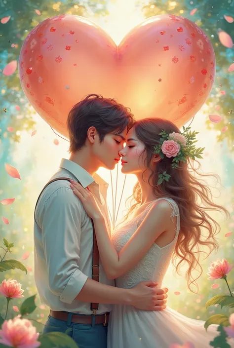 anime couple kissing in front of a heart shaped balloon, kissing together cutely, concept art of love, 4 k manga wallpaper, shou...