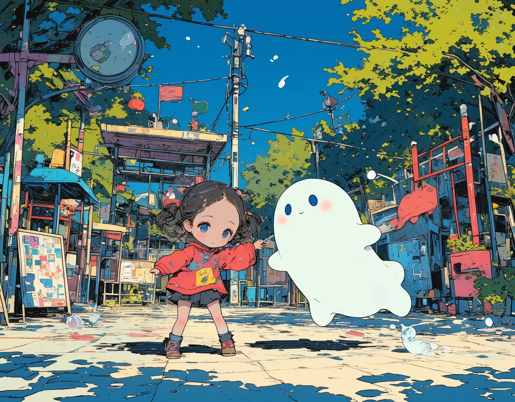 1girl and 1transparent ghost is playing in the beautiful park with Playground Equipment in the night,chibi,vivid color,high contrast,cute pencil art,thick outline,eye level at ground