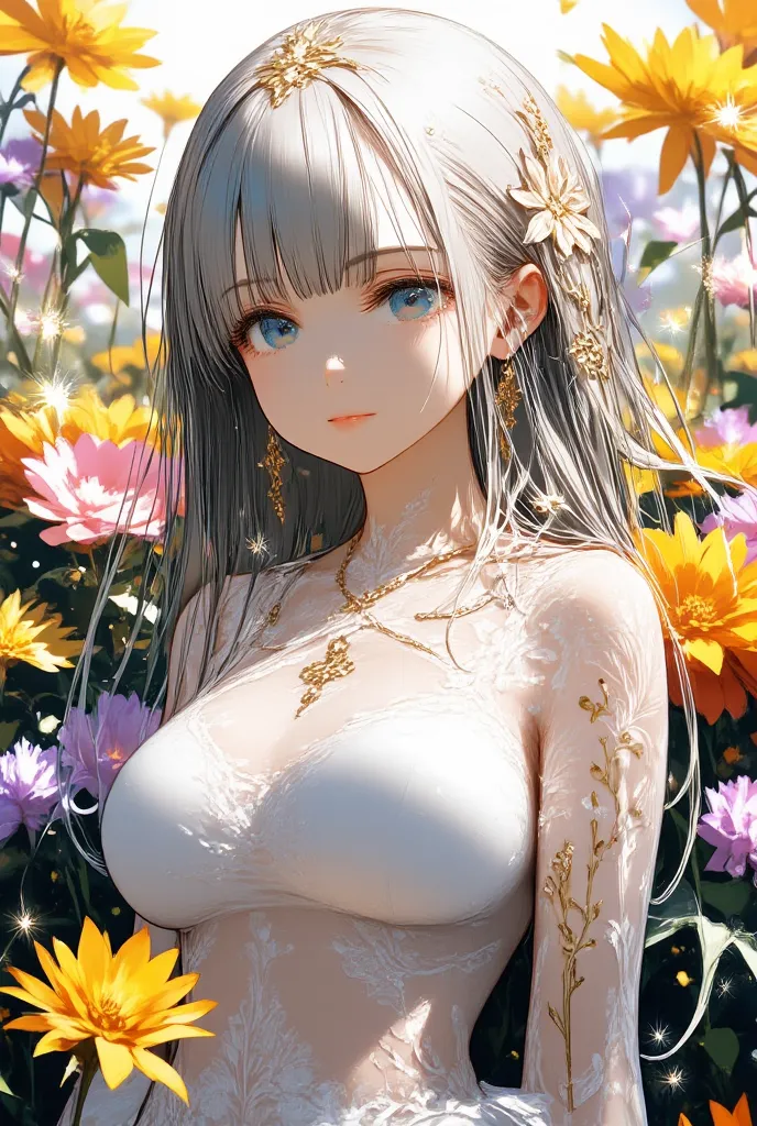 This is a highly detailed, digital artwork in an anime style, depicting a young woman with an ethereal, otherworldly appearance. She has long, flowing, silver-white hair adorned with intricate floral patterns and golden accents, cascading down her back and shoulders. Her large, expressive blue eyes are framed by delicate, long eyelashes, and she has a serene, almost melancholic expression on her face. She is dressed in a sheer, white, lace-like garment that clings to her body, revealing a hint of her slender frame and small breasts.

The background is a vibrant, multicolored floral garden filled with large, blooming flowers in shades of yellow, orange, pink, and purple. The flowers are depicted with rich textures and intricate details, adding depth and contrast to the image. Golden vines and leaves intertwine around her, creating a mystical, almost fairy-like atmosphere. Sparkling, glowing particles and light beams emanate from her hair and the flowers, enhancing the magical and fantastical feel of the artwork.

The overall composition is highly symmetrical, with the woman's face and body centered, surrounded by the colorful floral elements. The image is rich in detail and color, with a high level of realism and vibrancy characteristic of high-quality digital art.