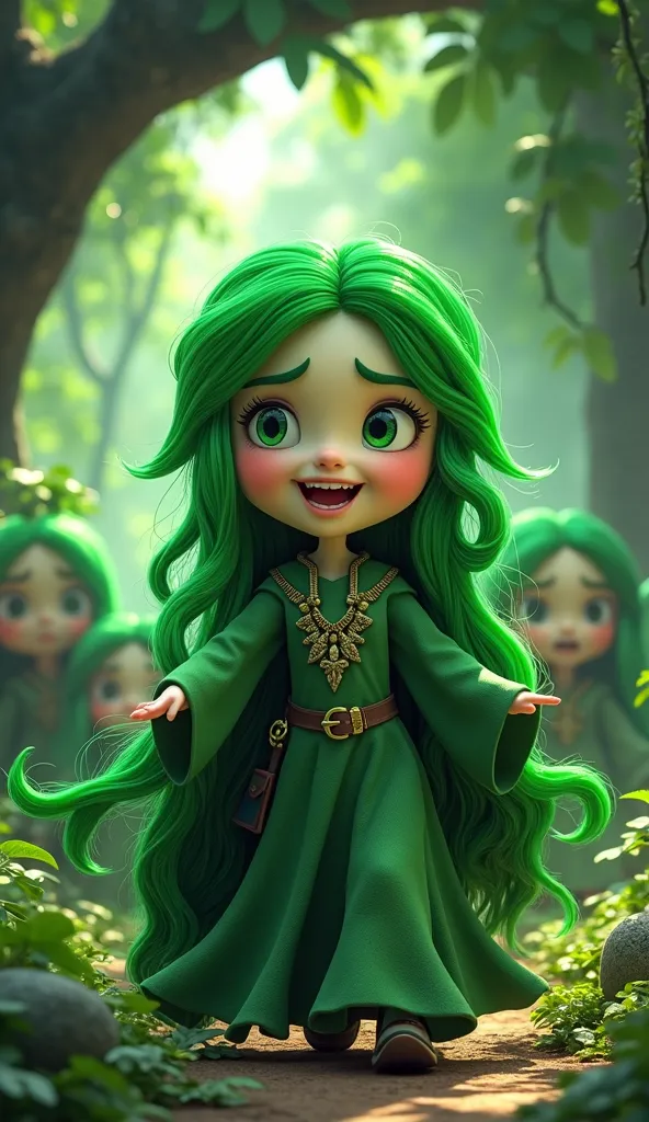 Green witch walking happily and other green witches seeing her with anger in background in jungle 3d animated